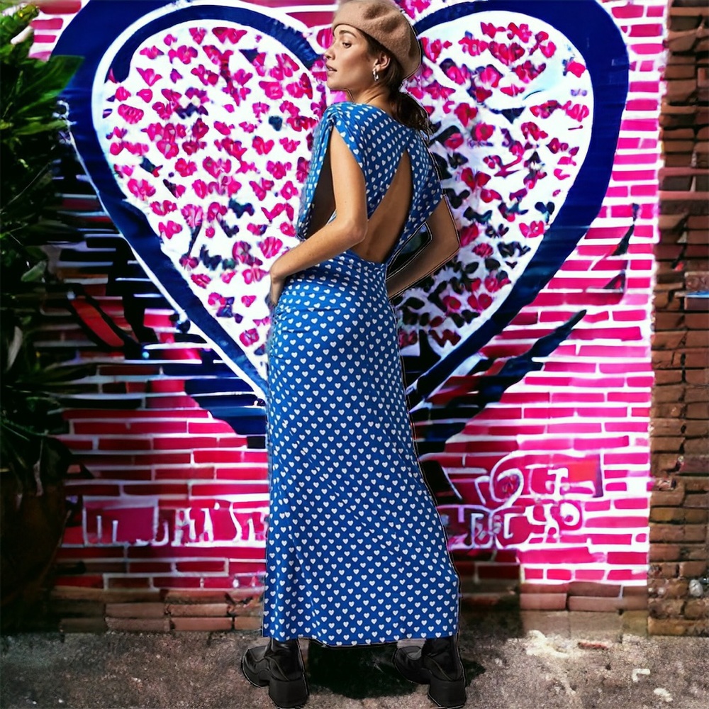 Free People Blue Heart-Print Midi Dress with Open Back
